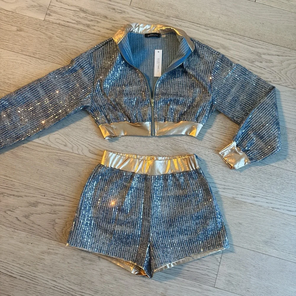 Denim gold sequin jacket and shorts set size medium - Picture 2 of 5